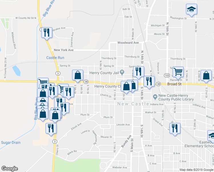 map of restaurants, bars, coffee shops, grocery stores, and more near 925 Broad Street in New Castle