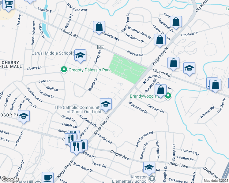 map of restaurants, bars, coffee shops, grocery stores, and more near 69 Greensward Lane in Cherry Hill