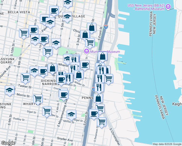map of restaurants, bars, coffee shops, grocery stores, and more near 119 Wharton Street in Philadelphia