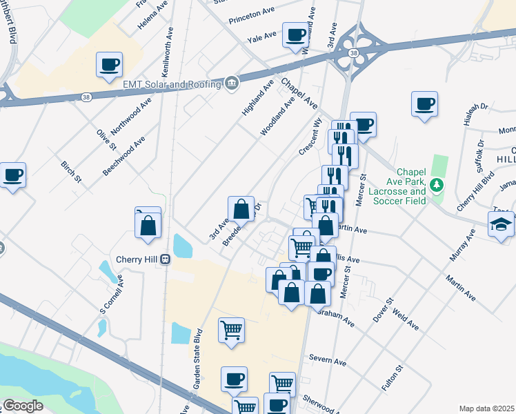 map of restaurants, bars, coffee shops, grocery stores, and more near 234 Breeders Cup Drive in Cherry Hill