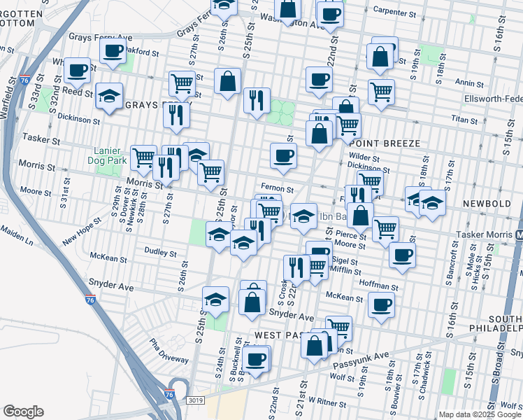 map of restaurants, bars, coffee shops, grocery stores, and more near 2335 Watkins Street in Philadelphia