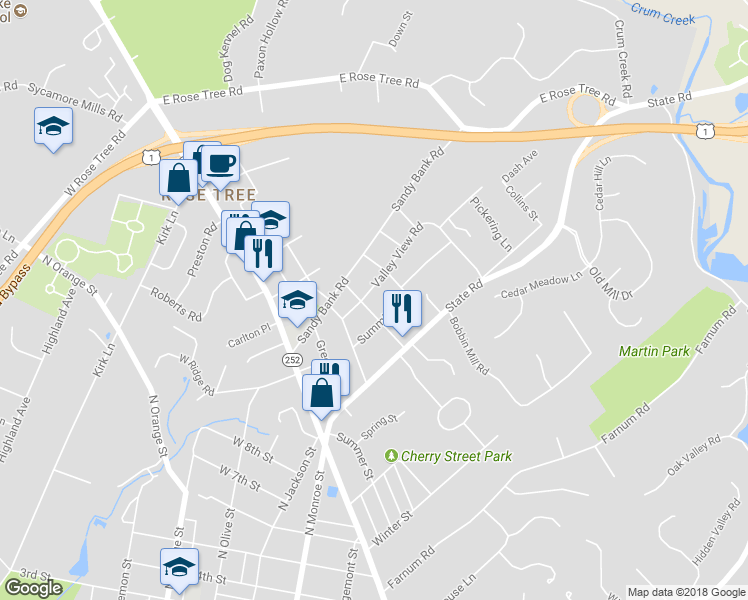 map of restaurants, bars, coffee shops, grocery stores, and more near 209 Valley View Road in Media