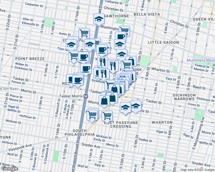 map of restaurants, bars, coffee shops, grocery stores, and more near 1211 Dickinson Street in Philadelphia