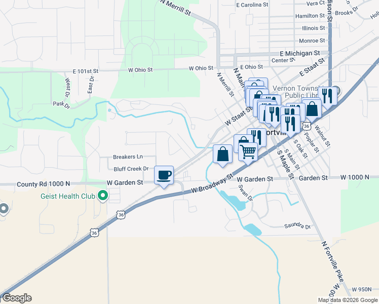 map of restaurants, bars, coffee shops, grocery stores, and more near 418 West Staat Street in Fortville