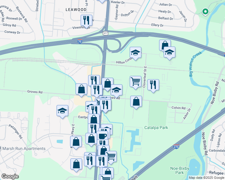 map of restaurants, bars, coffee shops, grocery stores, and more near 2124 South Hamilton Road in Columbus