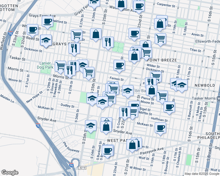 map of restaurants, bars, coffee shops, grocery stores, and more near 2335 Watkins Street in Philadelphia