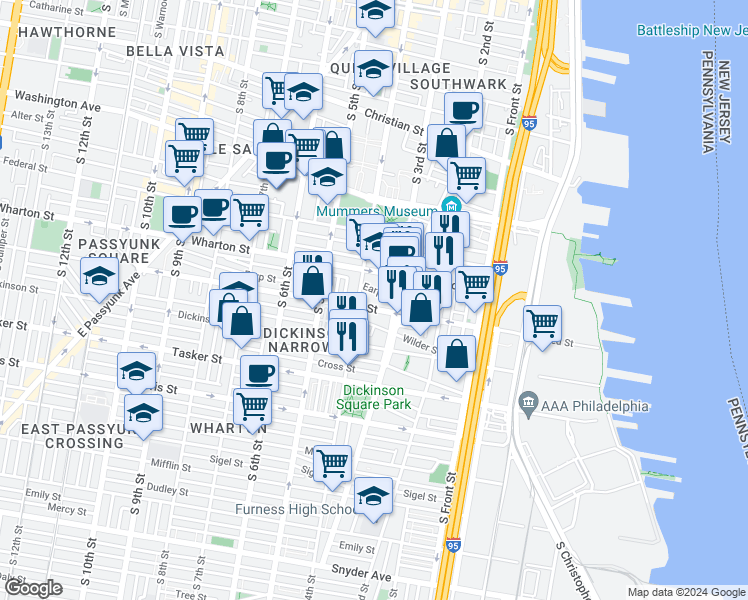 map of restaurants, bars, coffee shops, grocery stores, and more near 323 Reed Street in Philadelphia