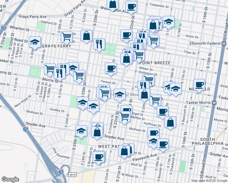 map of restaurants, bars, coffee shops, grocery stores, and more near 1639 South 23rd Street in Philadelphia