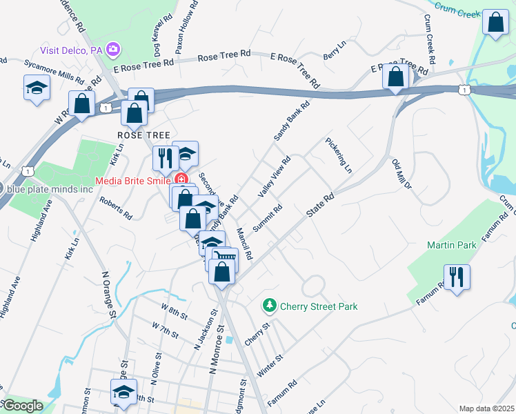 map of restaurants, bars, coffee shops, grocery stores, and more near 209 Valley View Road in Media
