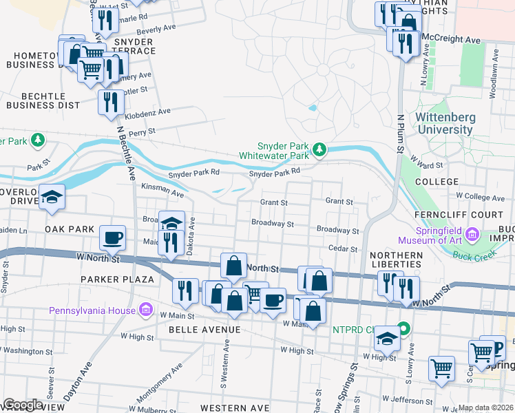 map of restaurants, bars, coffee shops, grocery stores, and more near 920 Grant Street in Springfield