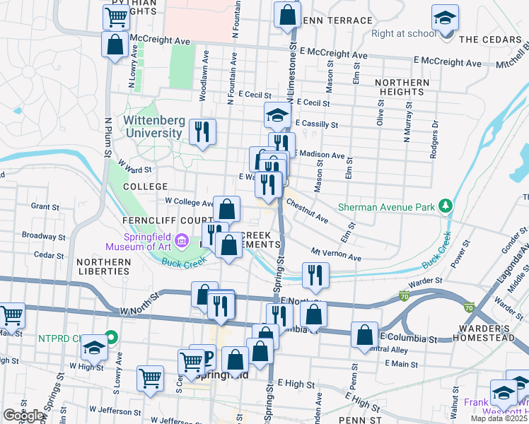 map of restaurants, bars, coffee shops, grocery stores, and more near 109 East College Avenue in Springfield