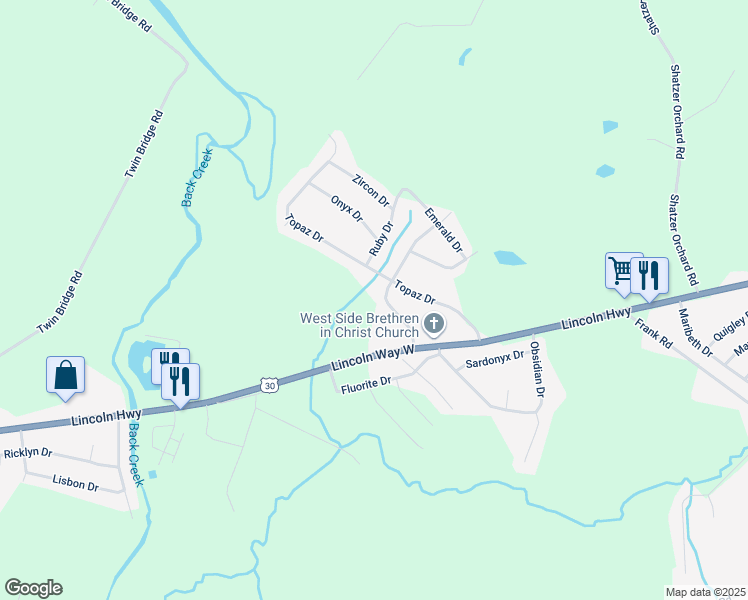 map of restaurants, bars, coffee shops, grocery stores, and more near 93 Opal Drive in Chambersburg