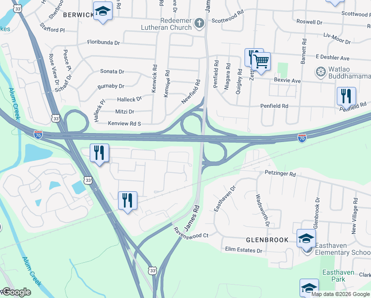 map of restaurants, bars, coffee shops, grocery stores, and more near 2846 Kingsrowe Court in Columbus