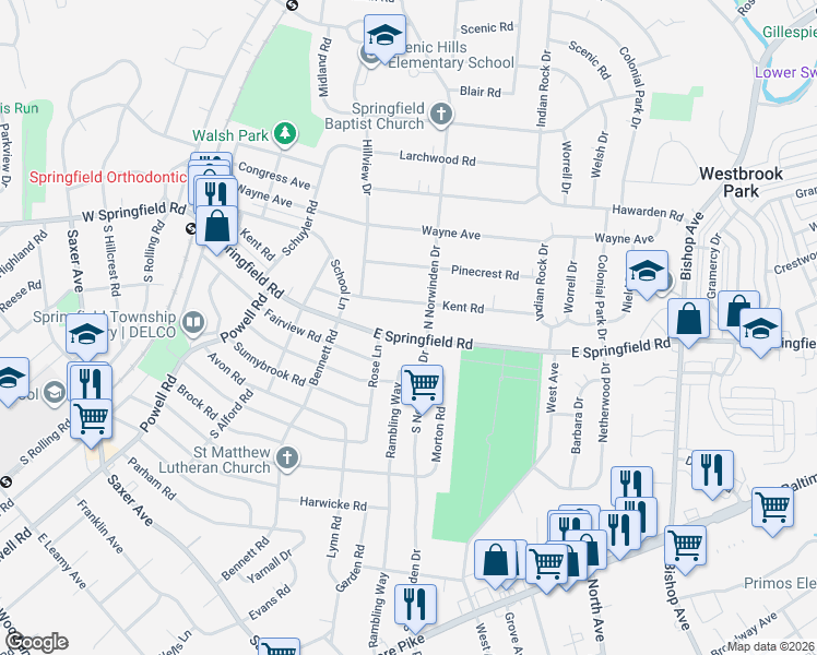 map of restaurants, bars, coffee shops, grocery stores, and more near 26 North Norwinden Drive in Springfield