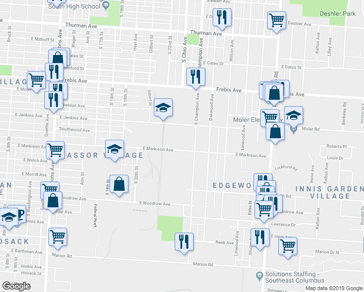 map of restaurants, bars, coffee shops, grocery stores, and more near 850 E Woodrow Ave in Columbus