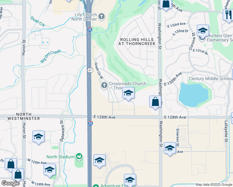 map of restaurants, bars, coffee shops, grocery stores, and more near 12943 Grant Circle East in Denver