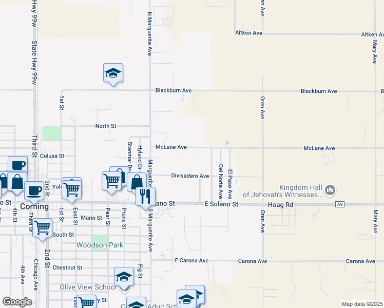 map of restaurants, bars, coffee shops, grocery stores, and more near 240 McLane Avenue in Corning