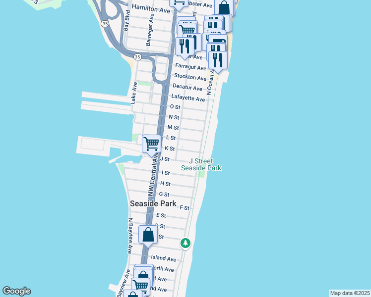map of restaurants, bars, coffee shops, grocery stores, and more near 23 L Street in Seaside Park