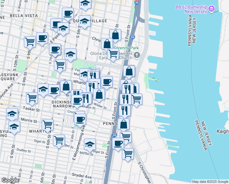 map of restaurants, bars, coffee shops, grocery stores, and more near 119 Wharton Street in Philadelphia
