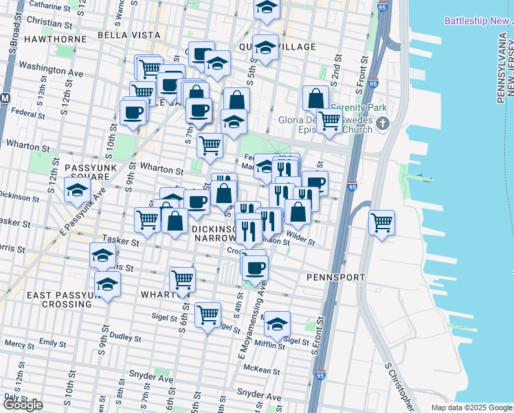 map of restaurants, bars, coffee shops, grocery stores, and more near in Philadelphia