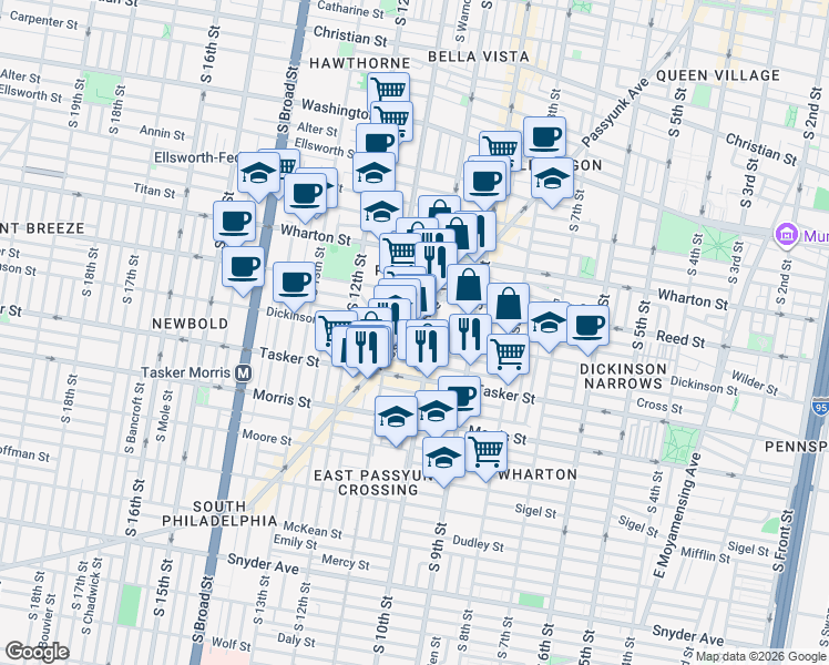 map of restaurants, bars, coffee shops, grocery stores, and more near 1430 East Passyunk Avenue in Philadelphia