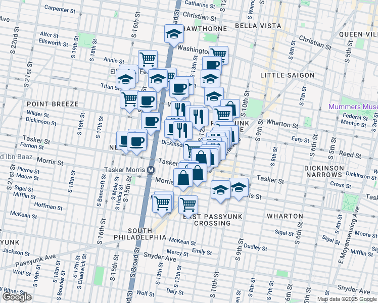 map of restaurants, bars, coffee shops, grocery stores, and more near 1211 Dickinson Street in Philadelphia