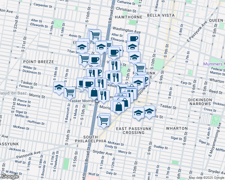 map of restaurants, bars, coffee shops, grocery stores, and more near in Philadelphia
