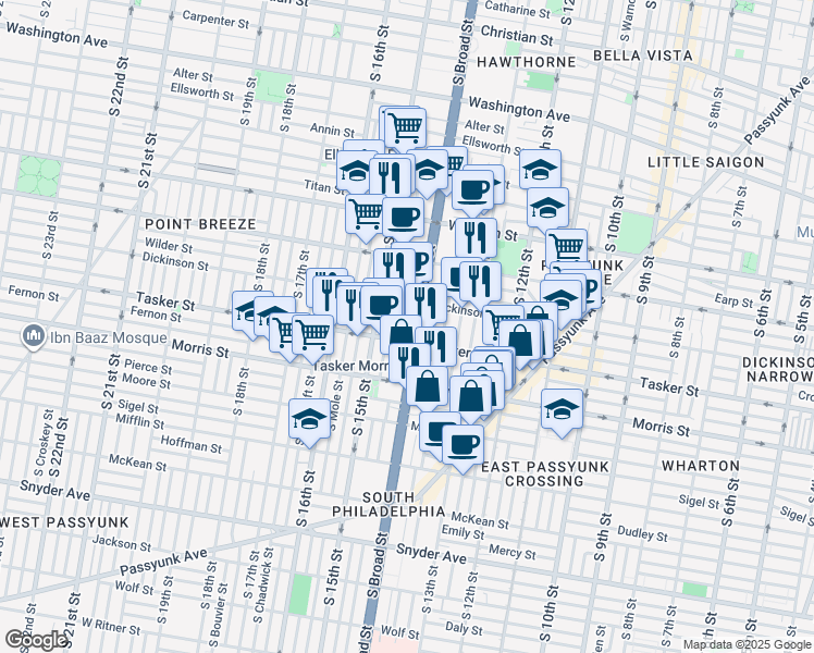 map of restaurants, bars, coffee shops, grocery stores, and more near in Philadelphia
