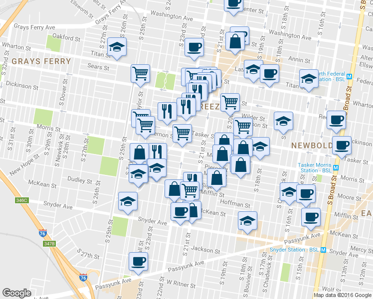 map of restaurants, bars, coffee shops, grocery stores, and more near 1621 South 22nd Street in Philadelphia