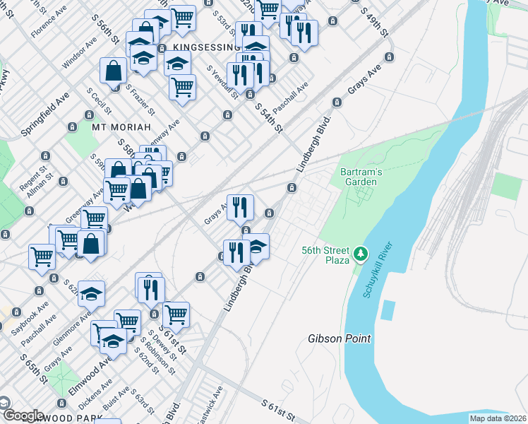map of restaurants, bars, coffee shops, grocery stores, and more near 5539 Elmwood Avenue in Philadelphia