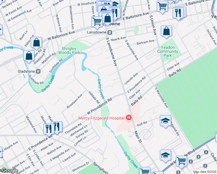 map of restaurants, bars, coffee shops, grocery stores, and more near 14A Hillview Circle in Yeadon