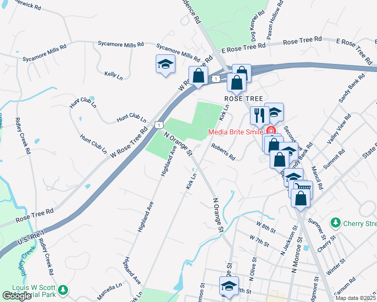 map of restaurants, bars, coffee shops, grocery stores, and more near 200 Highland Avenue in Media