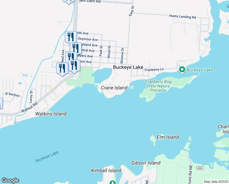 map of restaurants, bars, coffee shops, grocery stores, and more near 80 Klotz Avenue in Buckeye Lake