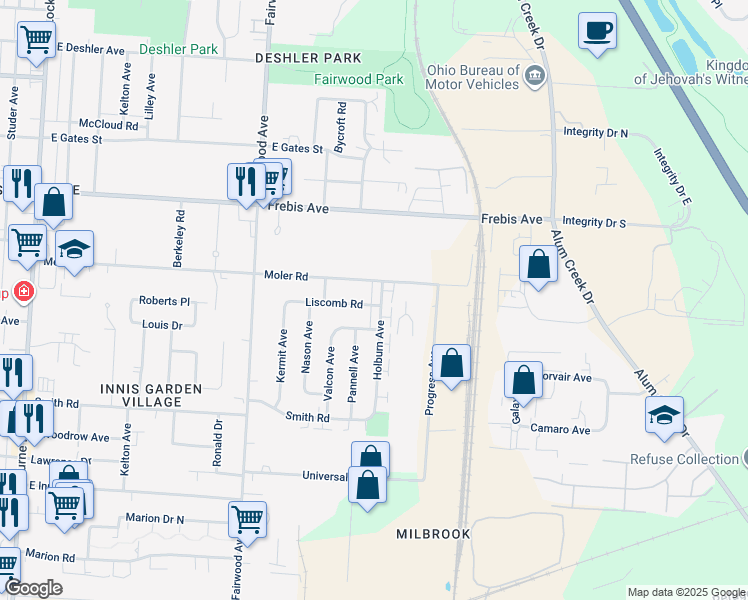 map of restaurants, bars, coffee shops, grocery stores, and more near 1743 Holburn Avenue in Columbus