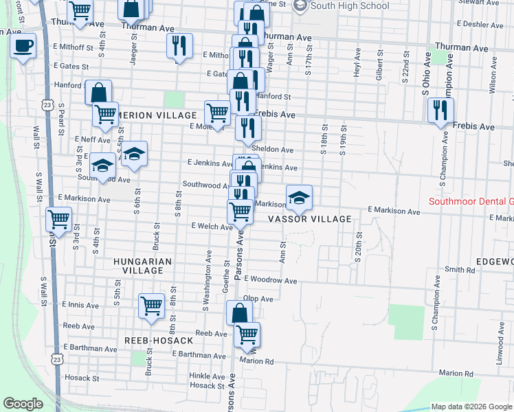 map of restaurants, bars, coffee shops, grocery stores, and more near 478 East Markison Avenue in Columbus