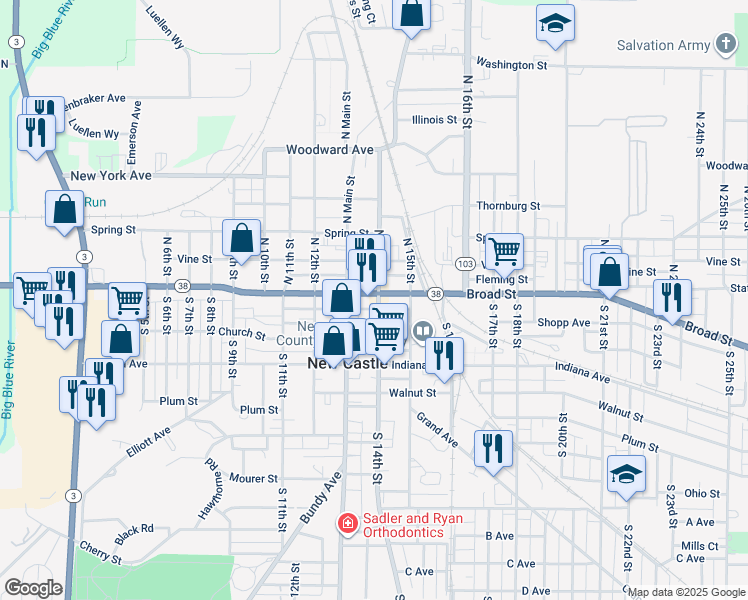 map of restaurants, bars, coffee shops, grocery stores, and more near 1322 Broad Street in New Castle