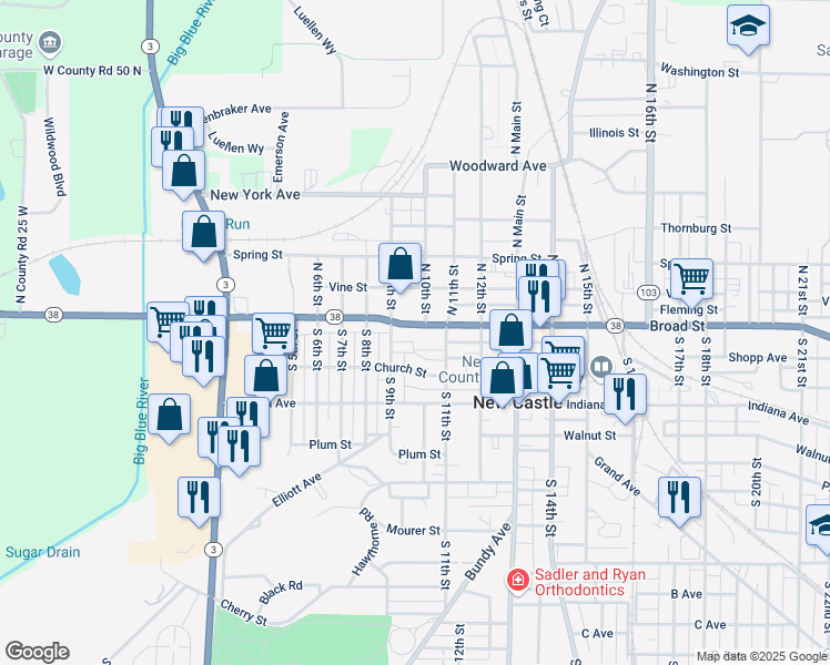 map of restaurants, bars, coffee shops, grocery stores, and more near 115 North 10th Street in New Castle