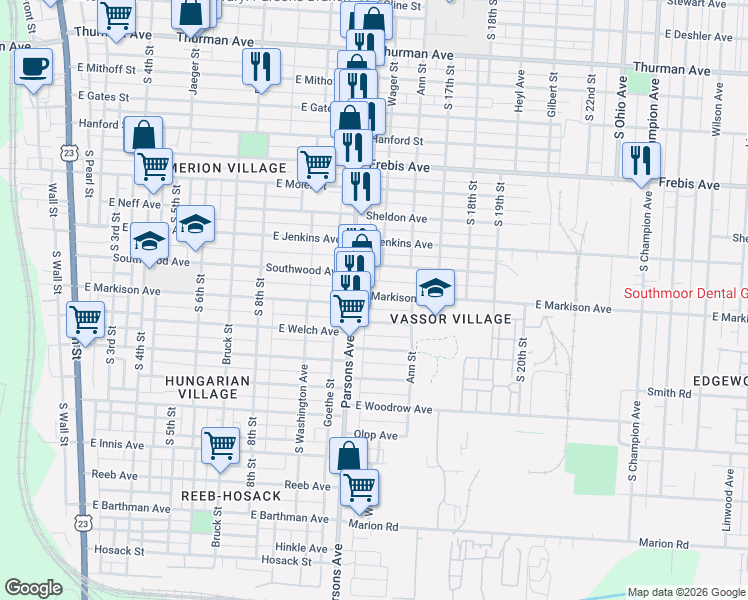 map of restaurants, bars, coffee shops, grocery stores, and more near 478 East Markison Avenue in Columbus