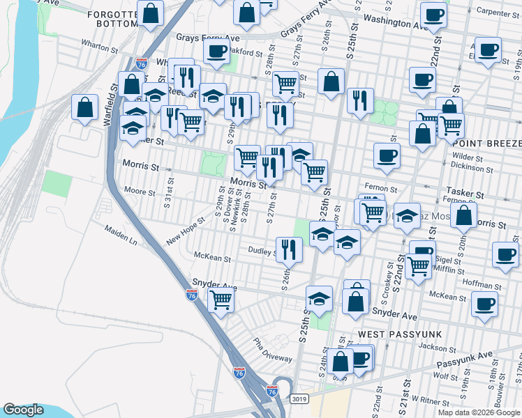 map of restaurants, bars, coffee shops, grocery stores, and more near in Philadelphia