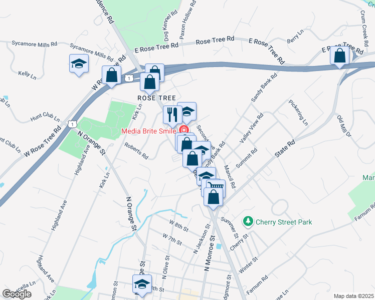 map of restaurants, bars, coffee shops, grocery stores, and more near 940 North Providence Road in Media