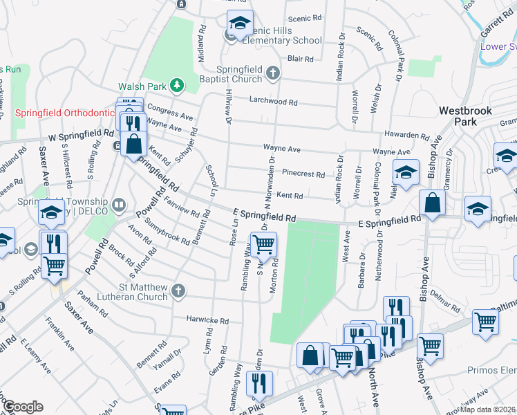 map of restaurants, bars, coffee shops, grocery stores, and more near 26 North Norwinden Drive in Springfield