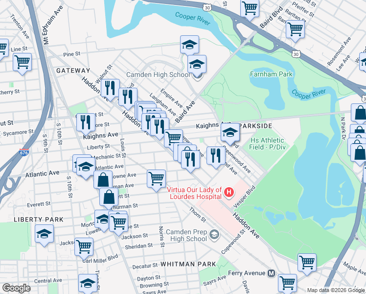 map of restaurants, bars, coffee shops, grocery stores, and more near 1400 Kenwood Avenue in Camden