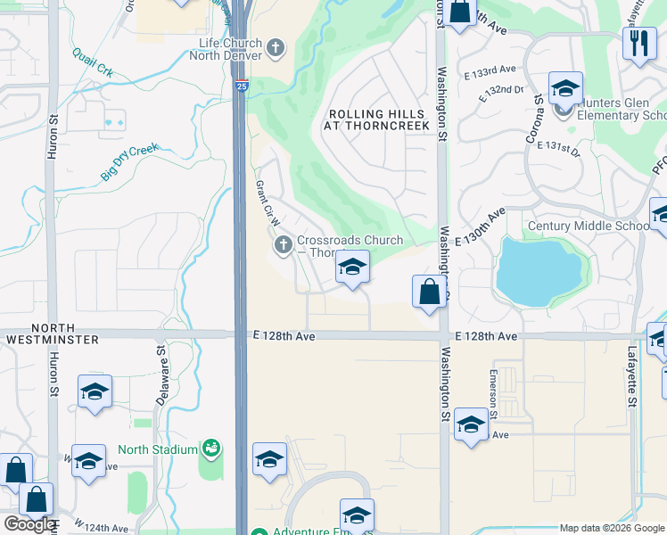 map of restaurants, bars, coffee shops, grocery stores, and more near 12923 Grant Circle East in Thornton