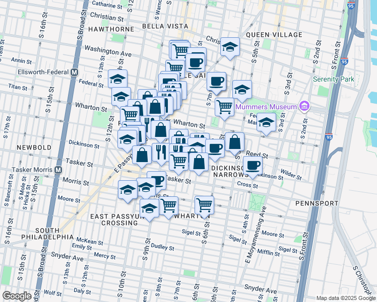 map of restaurants, bars, coffee shops, grocery stores, and more near 1415 South Franklin Street in Philadelphia