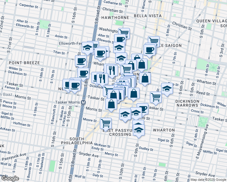 map of restaurants, bars, coffee shops, grocery stores, and more near 1501 South 12th Street in Philadelphia