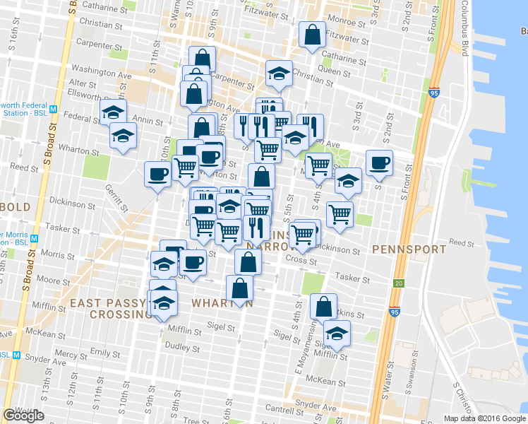 map of restaurants, bars, coffee shops, grocery stores, and more near 1403 South 6th Street in Philadelphia