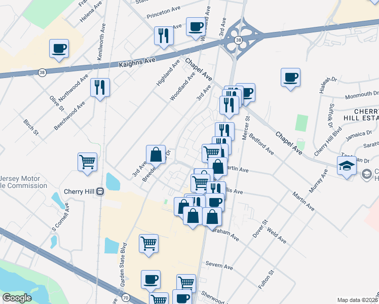 map of restaurants, bars, coffee shops, grocery stores, and more near 647 Garden Park Boulevard in Cherry Hill