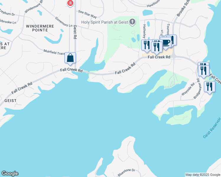 map of restaurants, bars, coffee shops, grocery stores, and more near 11727 Landings Drive in Indianapolis