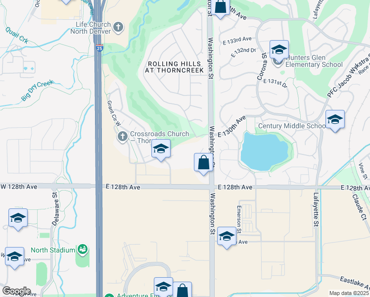 map of restaurants, bars, coffee shops, grocery stores, and more near 13031-13037 Logan St in Thornton