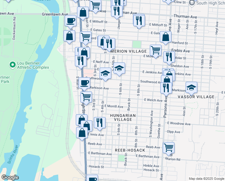 map of restaurants, bars, coffee shops, grocery stores, and more near 151 East Markison Avenue in Columbus